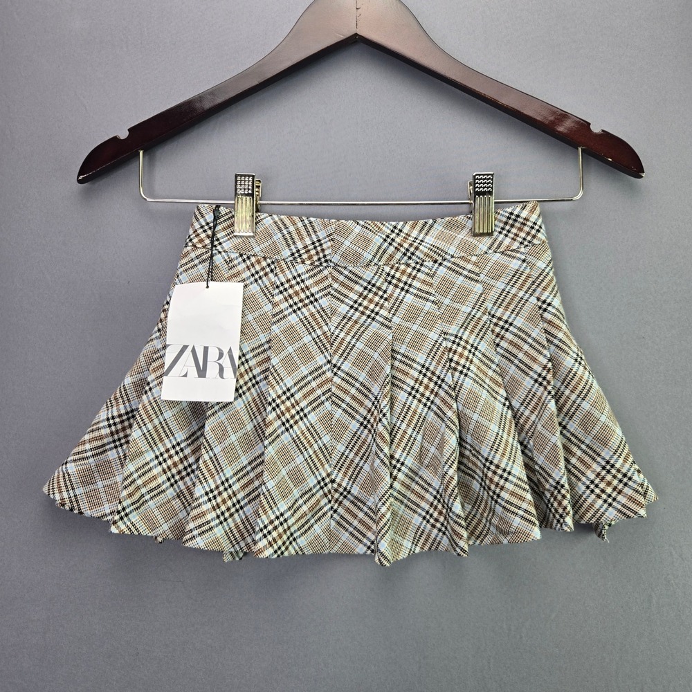 Zara Girls Plaid Pleated Mini Skirt Size 7 Brown Blue Checkered NWT 8931/661/707